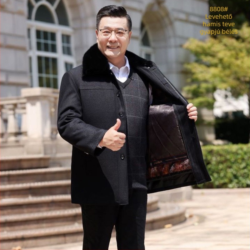 Őszi-téli pamutkabát idős férfiaknak levehető szőrme gallérral, kamélszőr töltettel és belső bélésével, vastag poliészter anyag