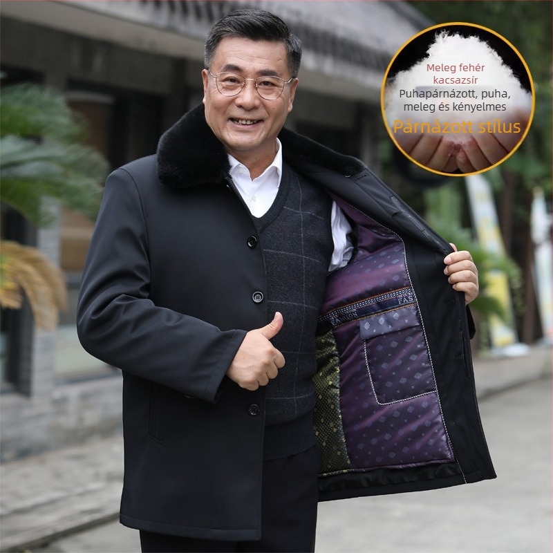 Őszi-téli pamutkabát idős férfiaknak levehető szőrme gallérral, kamélszőr töltettel és belső bélésével, vastag poliészter anyag