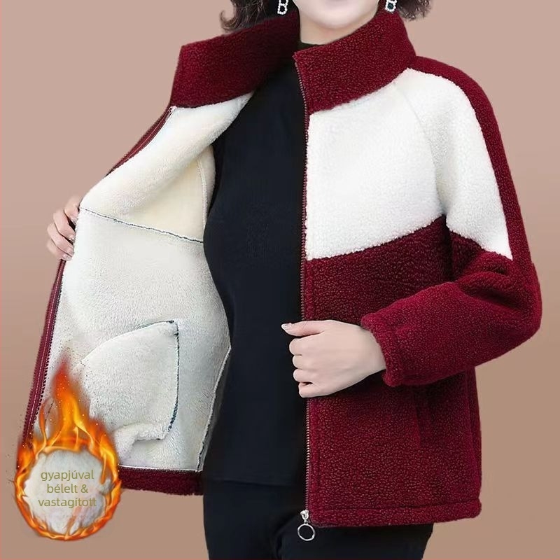 Vastag fleece-béléses kabát, laza szabás, álló gallér, cipzár, poliészter