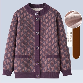 Öreg nőknek készült kardigán kötött felső, fleece bélés, szabad szabású, középhosszú, kerek nyakú (Winter 2023)