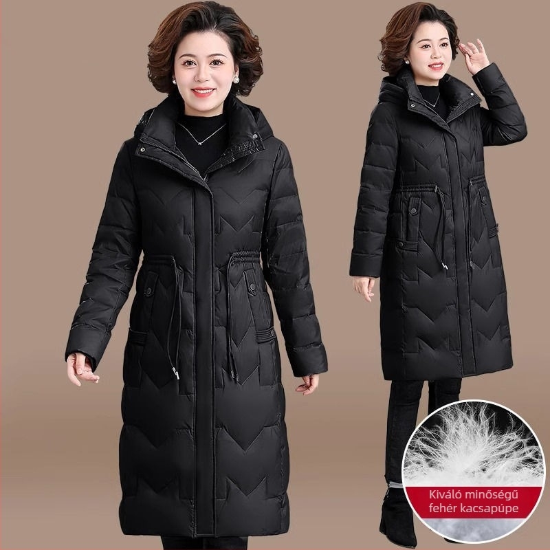 Női téli pehelykabát fehér kacsapuhával; pehelytartalom 51–55%/81–85%; közepes vastagság; poliészter anyag; A-vonalú fazon; álló gallér