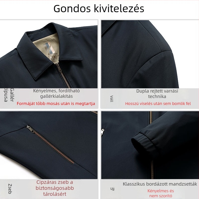 Galléros dzseki középkorú férfiaknak, könnyű tavasz–őszi külső ruházat, egyszínű, hosszú ujjú