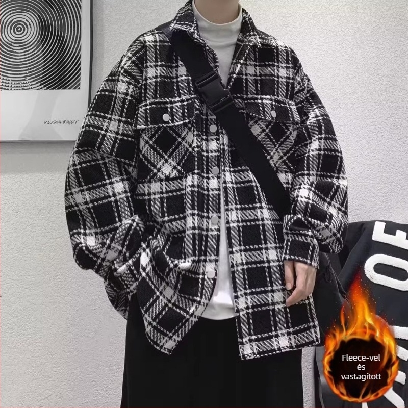 Férfi kockás fleece-béléses kabát, laza szabású, galléros, egysoros gombolás, téli viselet