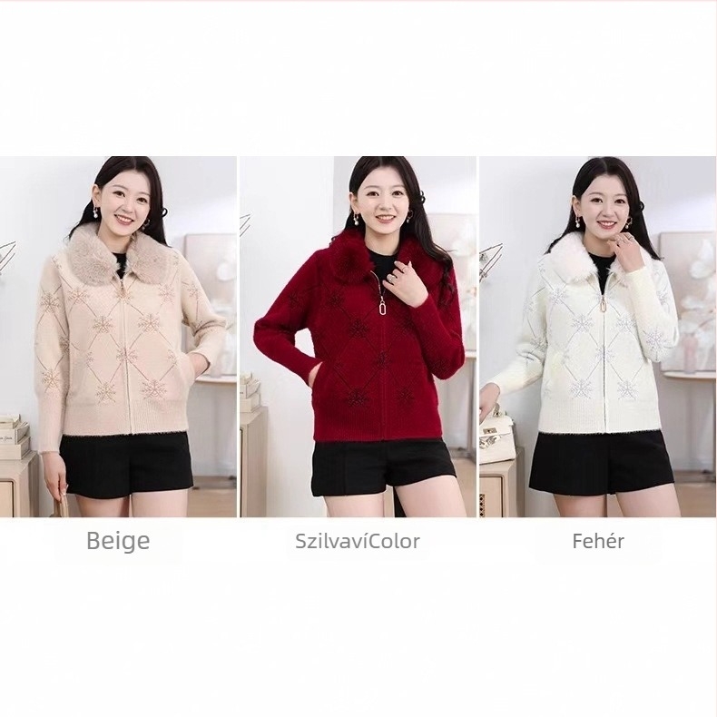 Kötött városi kabát műszőrme gallérral, cipzárral, virágmintás, poliészter anyagból