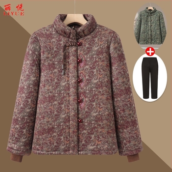 Kínai stílusú pamut kabát idős nőknek, meleg, vastag bélelt, virágos mintával, magas gallér, középmagas hossz