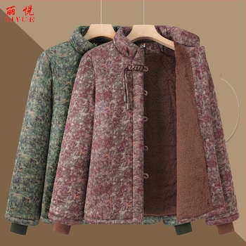 Kínai stílusú pamut kabát idős nőknek, meleg, vastag bélelt, virágos mintával, magas gallér, középmagas hossz