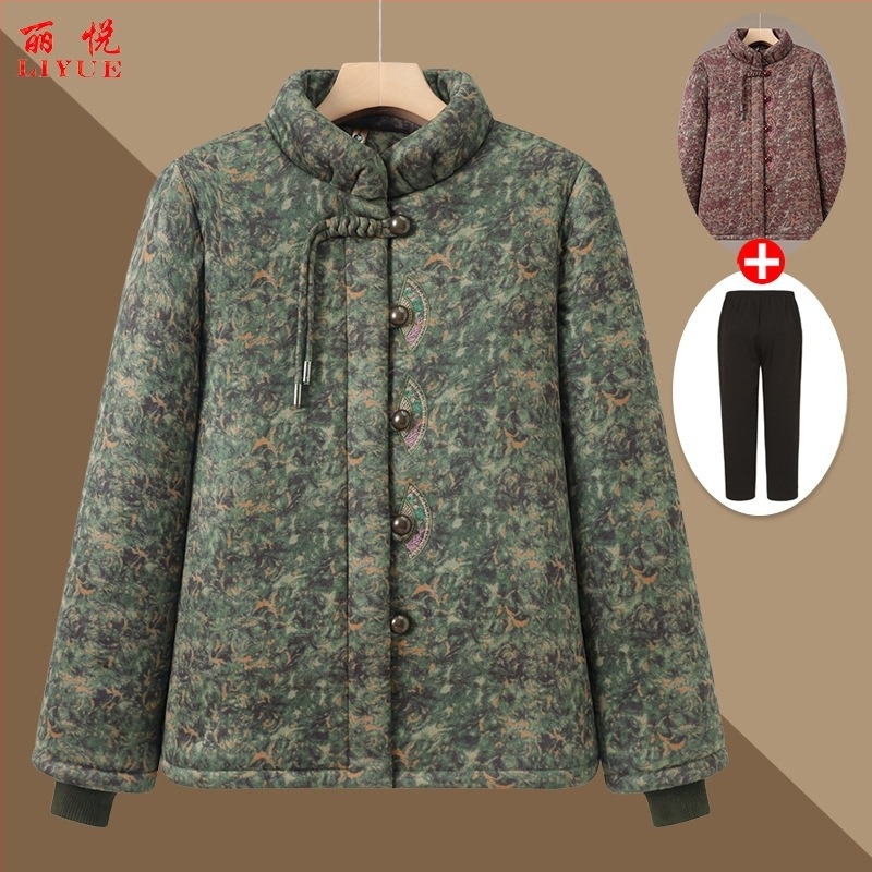 Kínai stílusú pamut kabát idős nőknek, meleg, vastag bélelt, virágos mintával, magas gallér, középmagas hossz
