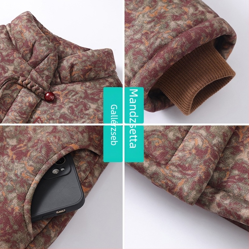 Kínai stílusú pamut kabát idős nőknek, meleg, vastag bélelt, virágos mintával, magas gallér, középmagas hossz