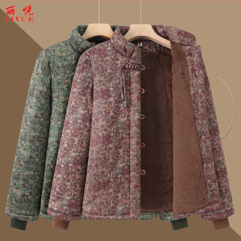 Kínai stílusú pamut kabát idős nőknek, meleg, vastag bélelt, virágos mintával, magas gallér, középmagas hossz