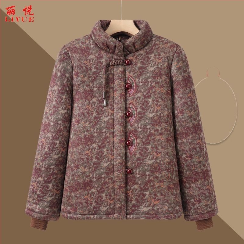 Kínai stílusú pamut kabát idős nőknek, meleg, vastag bélelt, virágos mintával, magas gallér, középmagas hossz