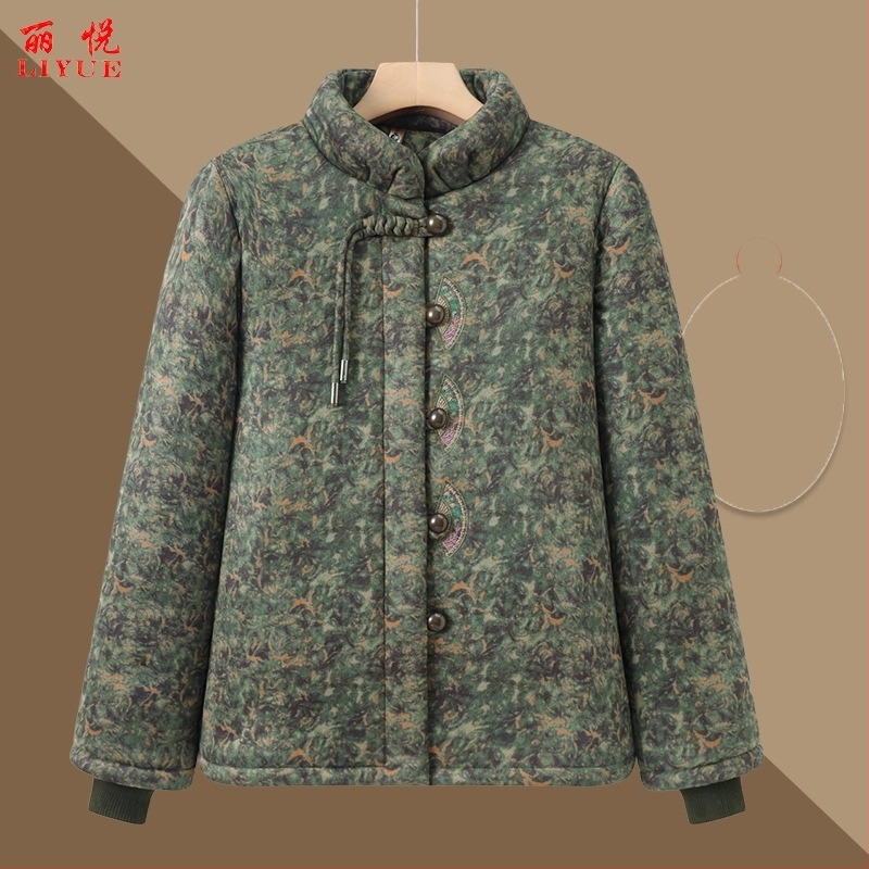 Kínai stílusú pamut kabát idős nőknek, meleg, vastag bélelt, virágos mintával, magas gallér, középmagas hossz