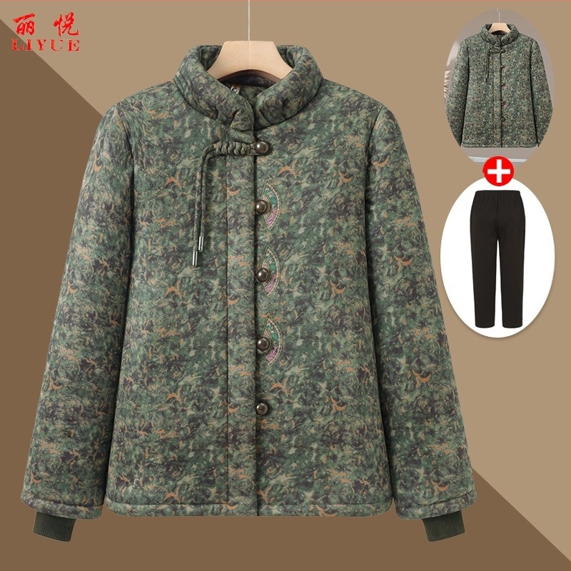 Kínai stílusú pamut kabát idős nőknek, meleg, vastag bélelt, virágos mintával, magas gallér, középmagas hossz
