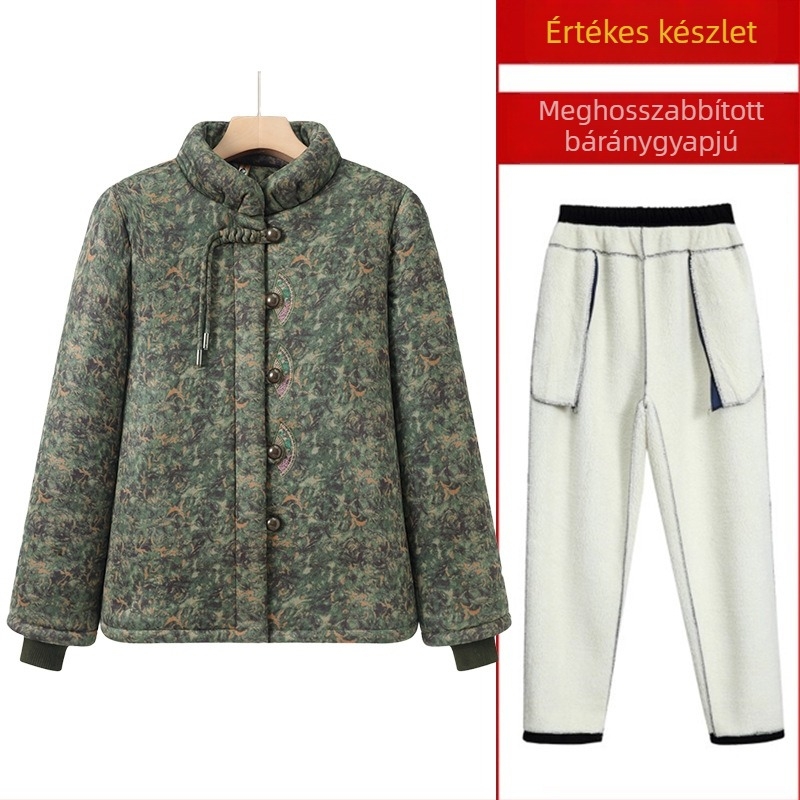 Kínai stílusú pamut kabát idős nőknek, meleg, vastag bélelt, virágos mintával, magas gallér, középmagas hossz
