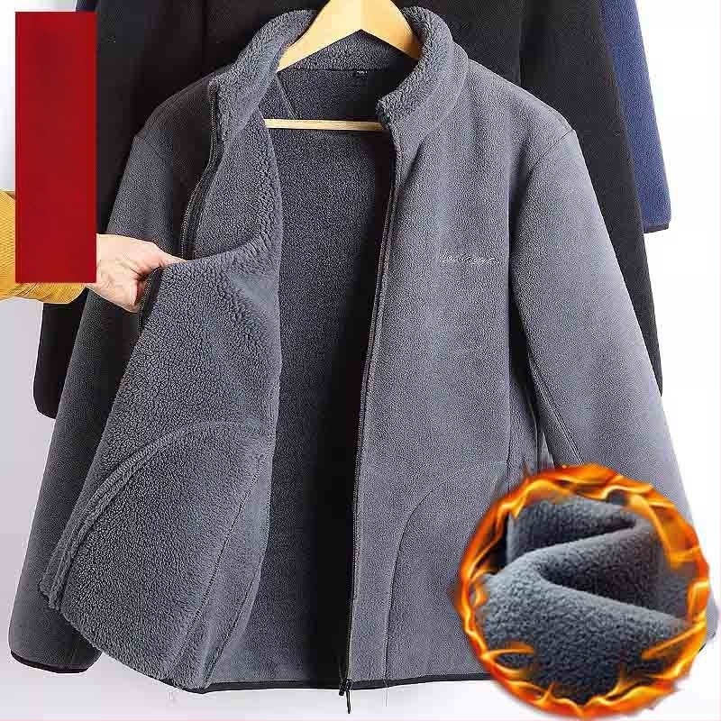 Férfi vastag polár fleece kabát télre, középkorú és idős férfiak számára, álló gallér, cipzár, hosszú ujjak, patch zsebek