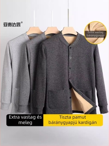 Polár béléses kardigán dzseki középkorú és idősebb férfiak számára; vastag téli kabát Sherpa béléssel; álló gallér; hosszú ujjú; egyenes szabás; több zseb; otthoni viselet.