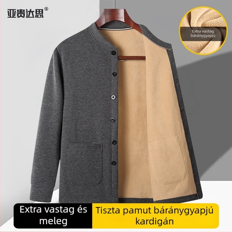 Polár béléses kardigán dzseki középkorú és idősebb férfiak számára; vastag téli kabát Sherpa béléssel; álló gallér; hosszú ujjú; egyenes szabás; több zseb; otthoni viselet.