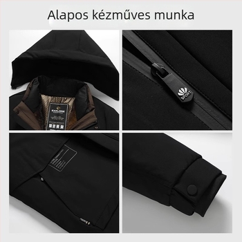 Férfi téli dzseki fehér kacsa tollal, fleece-béléssel, vastag, levehető belső béléses, középhosszú