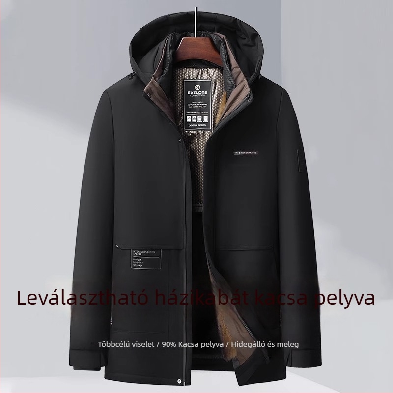 Férfi téli dzseki fehér kacsa tollal, fleece-béléssel, vastag, levehető belső béléses, középhosszú