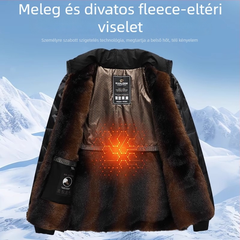 Férfi téli dzseki fehér kacsa tollal, fleece-béléssel, vastag, levehető belső béléses, középhosszú