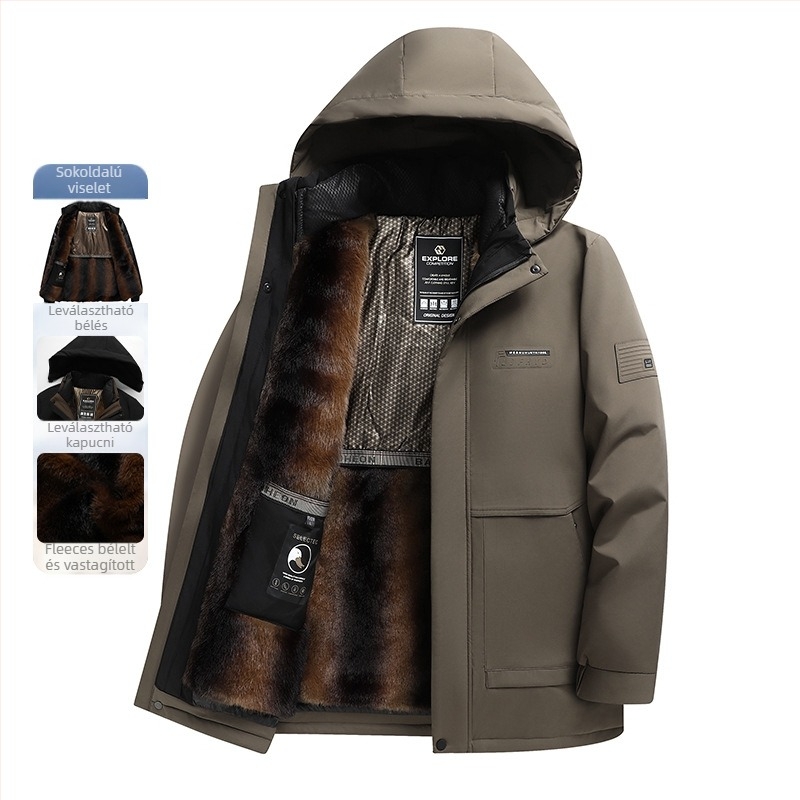 Férfi téli dzseki fehér kacsa tollal, fleece-béléssel, vastag, levehető belső béléses, középhosszú