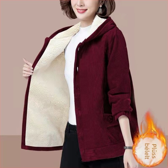 Corduroy kordbársony kabát fleece béléssel, vastag, kapucnis, cipzár, 95% poliészter