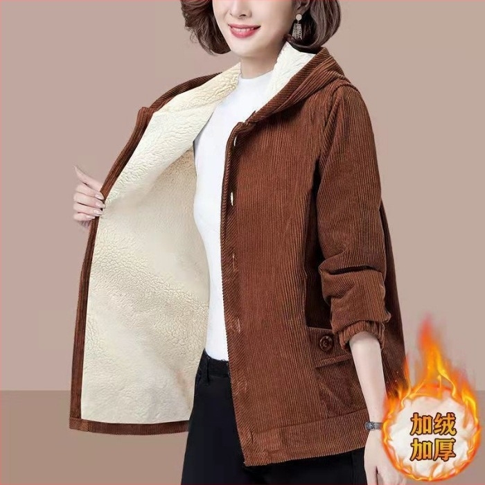 Corduroy kordbársony kabát fleece béléssel, vastag, kapucnis, cipzár, 95% poliészter