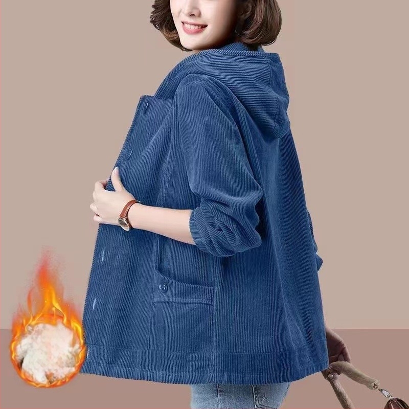 Corduroy kordbársony kabát fleece béléssel, vastag, kapucnis, cipzár, 95% poliészter