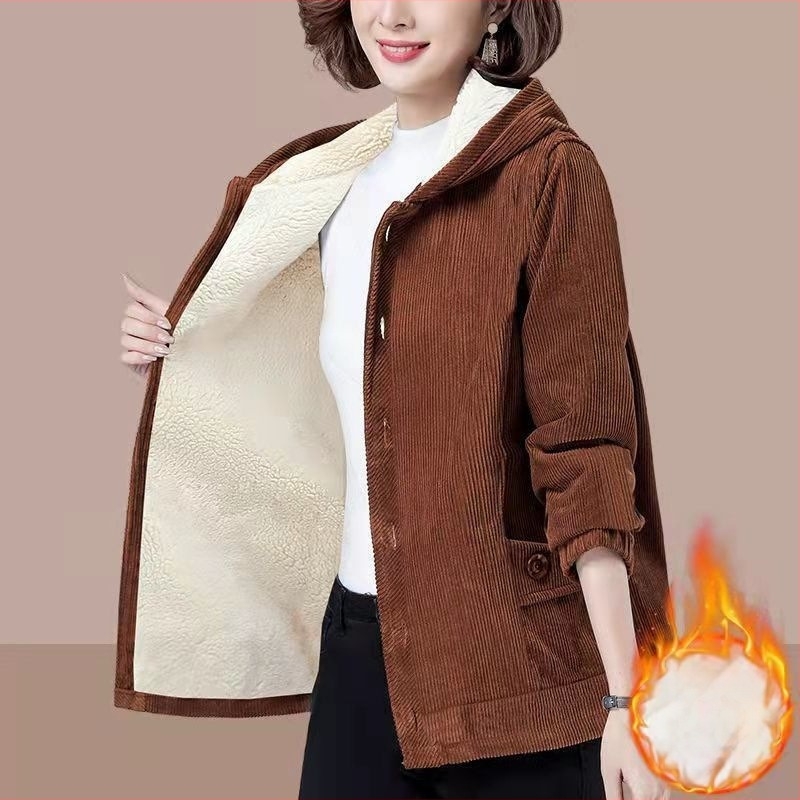 Corduroy kordbársony kabát fleece béléssel, vastag, kapucnis, cipzár, 95% poliészter