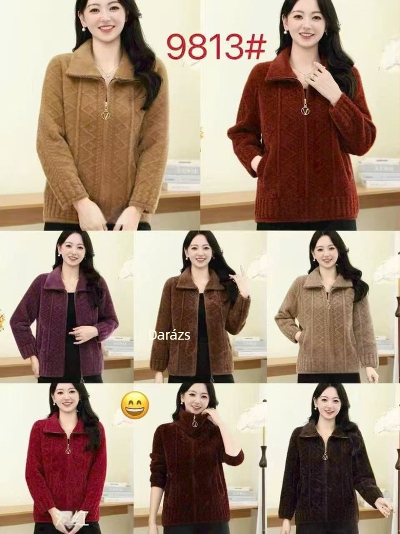 Imitált nyest szőrrel készült kötött kabát, nylon 50–70% és poliészter legfeljebb 30%, geometriai mintázat, hétköznapi japán-koreai stílus