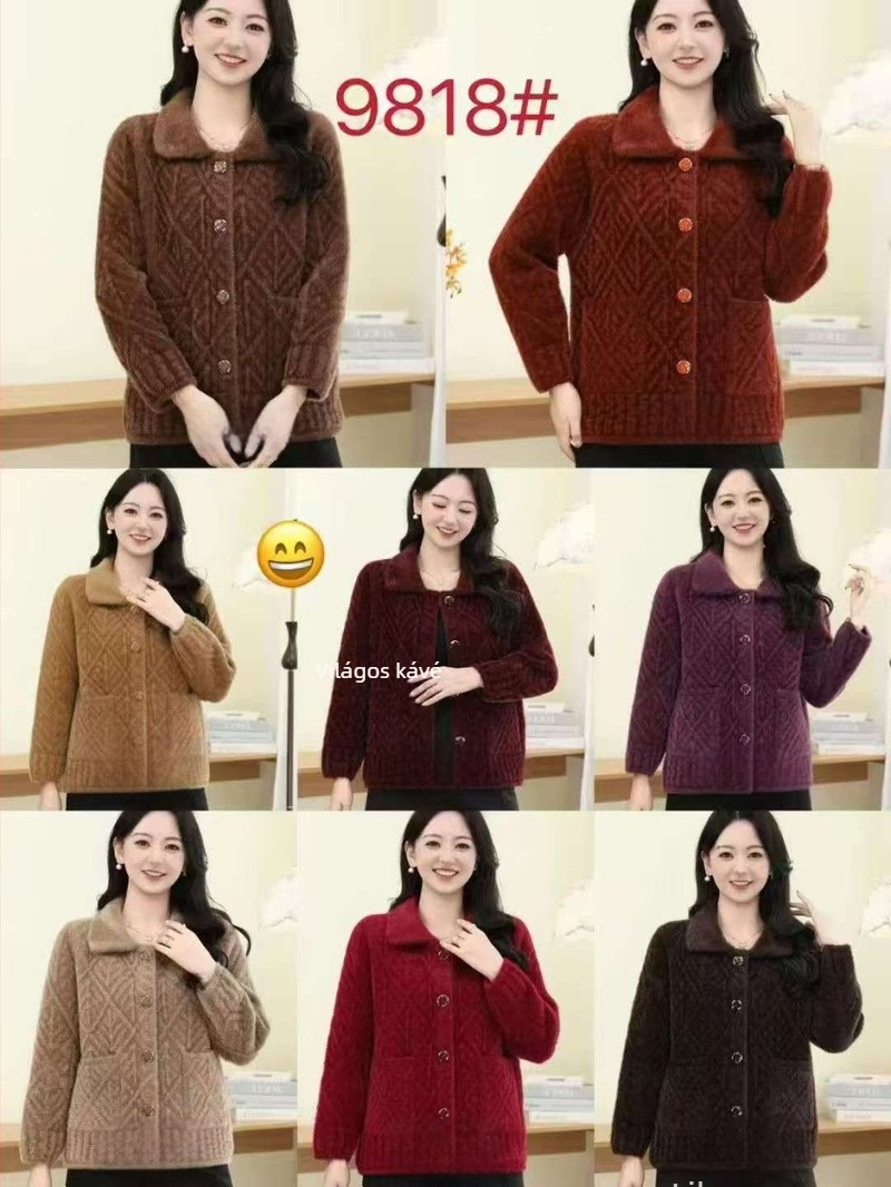 Imitált nyest szőrrel készült kötött kabát, nylon 50–70% és poliészter legfeljebb 30%, geometriai mintázat, hétköznapi japán-koreai stílus