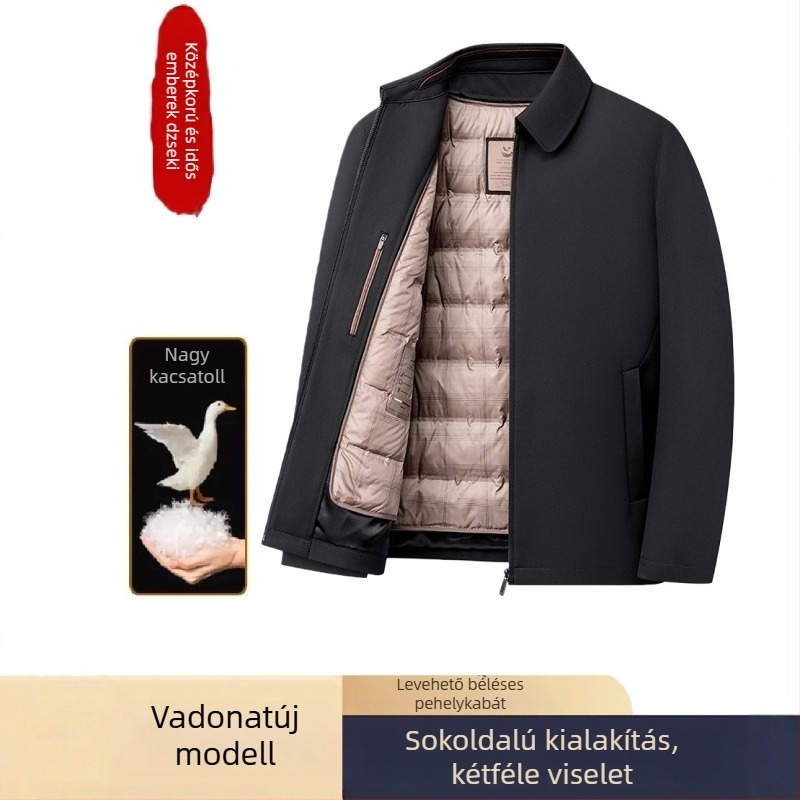 Férfi pehelydzseki levehető fehér kacsa toll béléssel, vastagított hideg időre, rever gallér