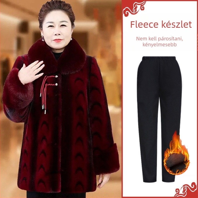 Középkorú és idős nők téli kabátja műbőrrel, 3D hatás, középhosszú, reliefes megjelenés, 2025 tavasza