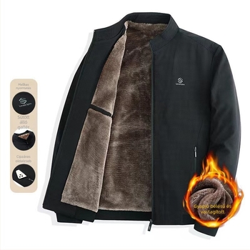 Férfi fleece-lével bélelt vastag kabát, őszi–téli időszakra, álló gallérral, városi stílus