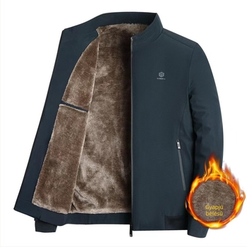 Férfi fleece-lével bélelt vastag kabát, őszi–téli időszakra, álló gallérral, városi stílus