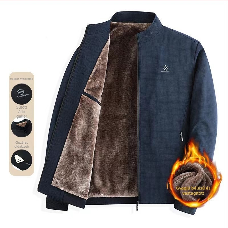 Férfi fleece-lével bélelt vastag kabát, őszi–téli időszakra, álló gallérral, városi stílus