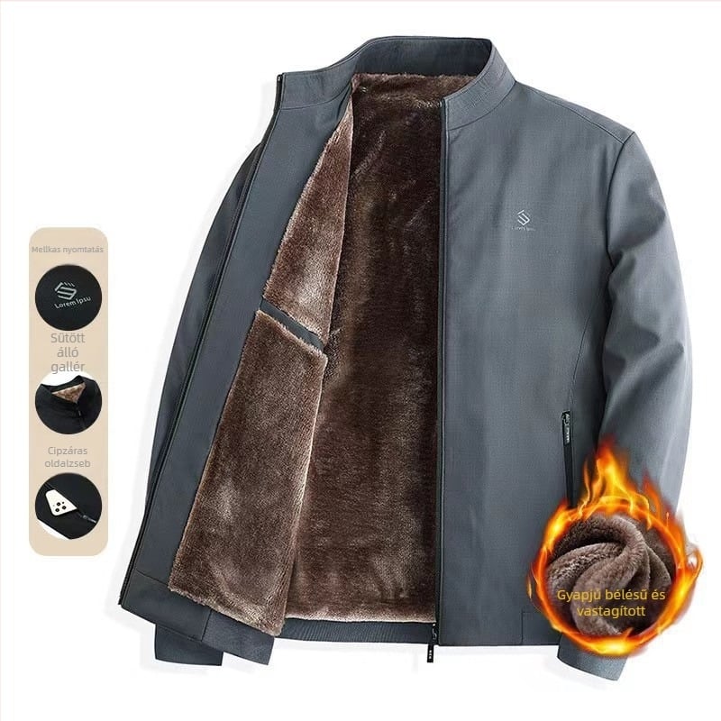 Férfi fleece-lével bélelt vastag kabát, őszi–téli időszakra, álló gallérral, városi stílus