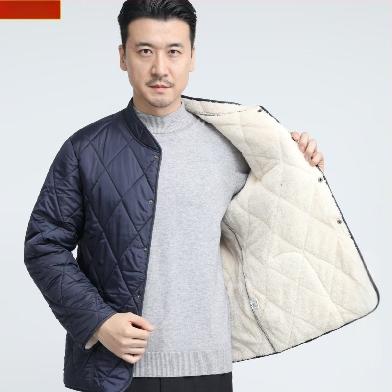 Férfi fleece-béléssel bélelt téli kabát, vastag, plusz méret, álló gallér