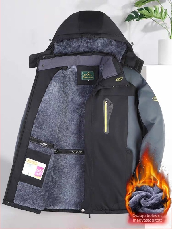 Férfi téli kabát fleece bélés, vastag, kapucnival, cipzárral, plusz méret, középkorú és idősebb férfiak számára