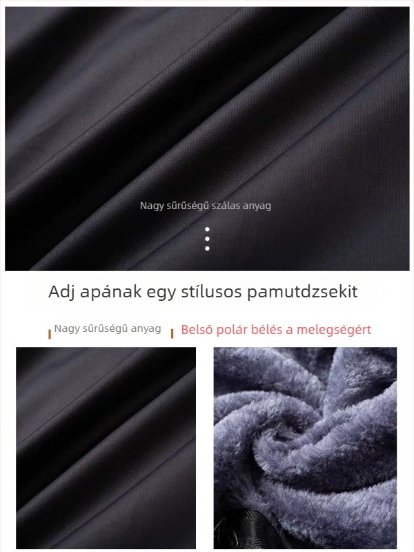 Férfi téli kabát fleece bélés, vastag, kapucnival, cipzárral, plusz méret, középkorú és idősebb férfiak számára