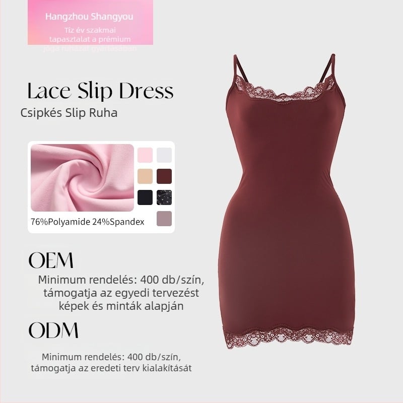 Csipkés Slip ruha, magas derekú A‑vonalú szabás, street-hipster stílus, nylon kötött anyag, 71–80% nylon + 10–29% spandex