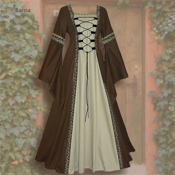 Ruha négyszögletes gallérral, hosszú ujjú, A-vonalú szabás, kolázs mintás nyomtatás, elasztikus derékvonal, retro goth stílus