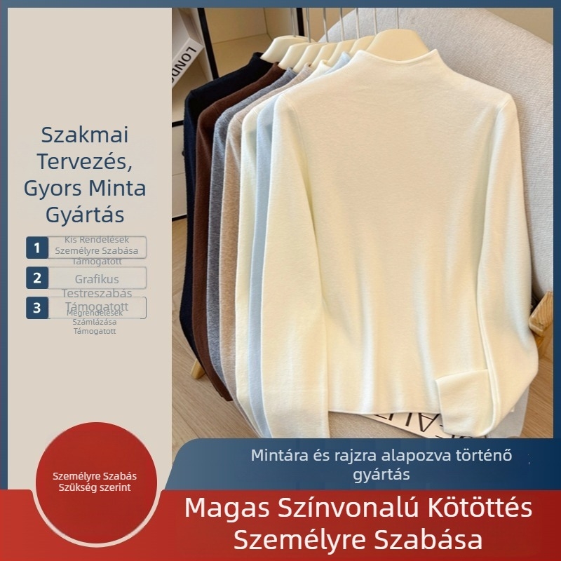 Női gyapjú keverék kötött pulóver fél-nyakú gallérrel, karcsú szabás, egyszínű, hosszú ujjú, számítógépes sík kötés, ősz-tél 2025