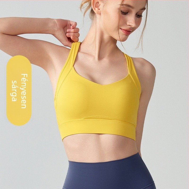 Női sportmelltartó fix kosarakkal, magas támasztás, I-back dizájn, nylon-elasztán anyag
