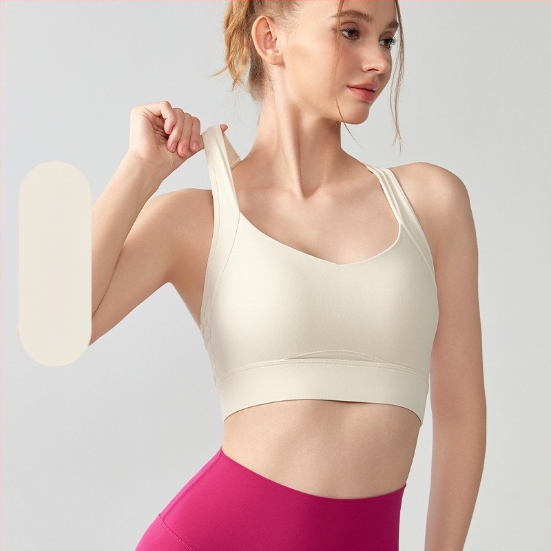 Női sportmelltartó fix kosarakkal, magas támasztás, I-back dizájn, nylon-elasztán anyag
