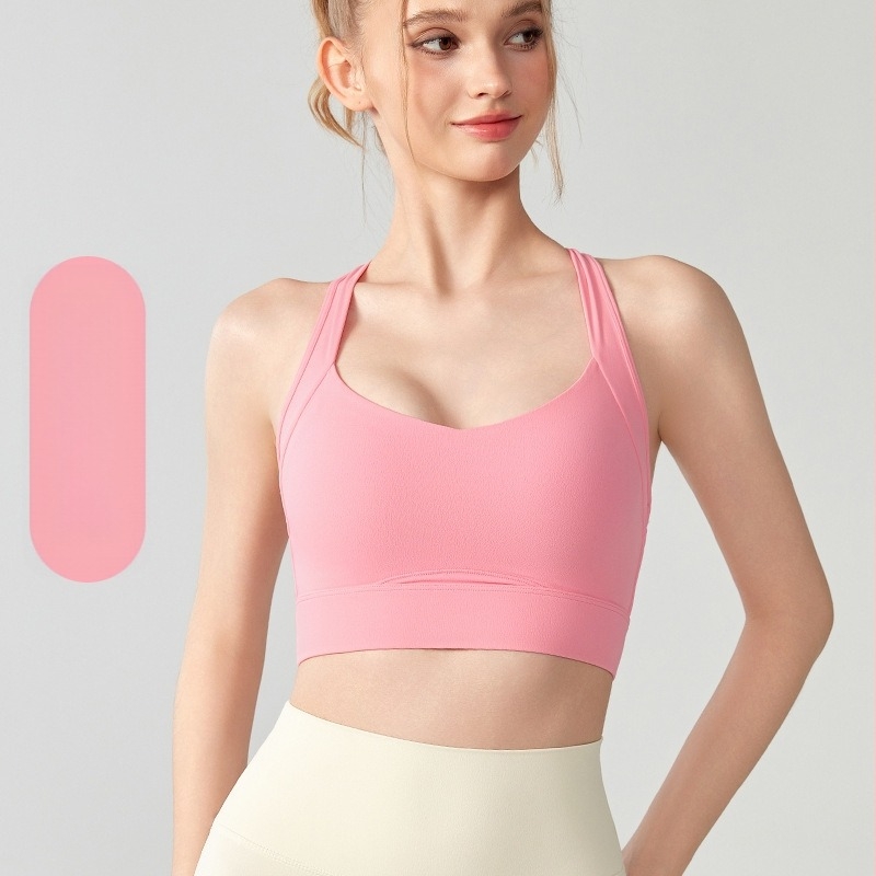 Női sportmelltartó fix kosarakkal, magas támasztás, I-back dizájn, nylon-elasztán anyag
