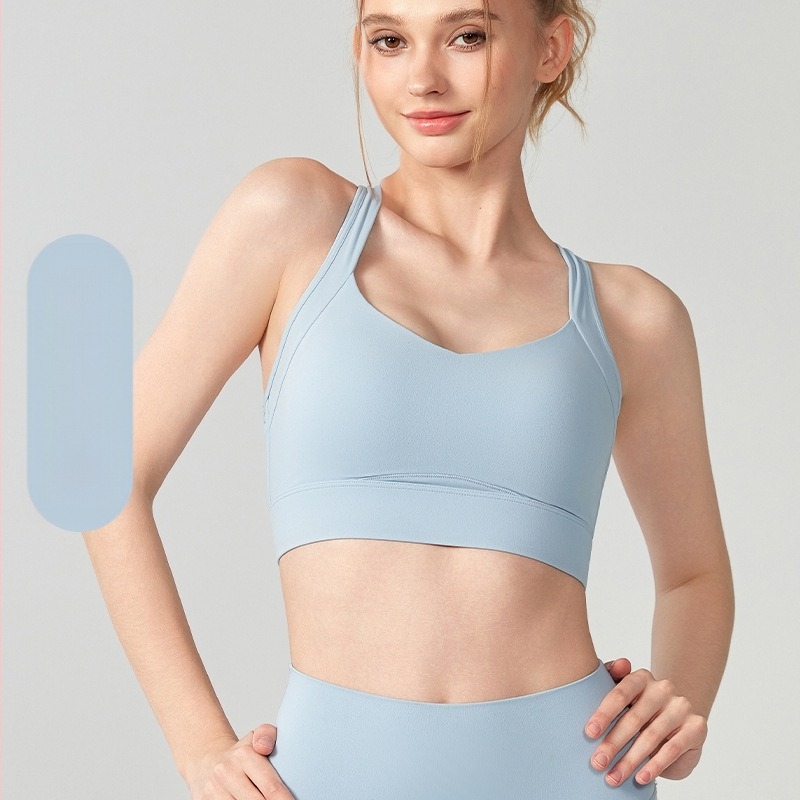 Női sportmelltartó fix kosarakkal, magas támasztás, I-back dizájn, nylon-elasztán anyag