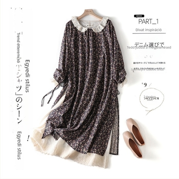 Mori Girl stílusú ruha virágmintás pamutból, hosszú ujjú, A-vonalú, középméretű