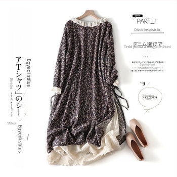 Mori Girl stílusú ruha virágmintás pamutból, hosszú ujjú, A-vonalú, középméretű