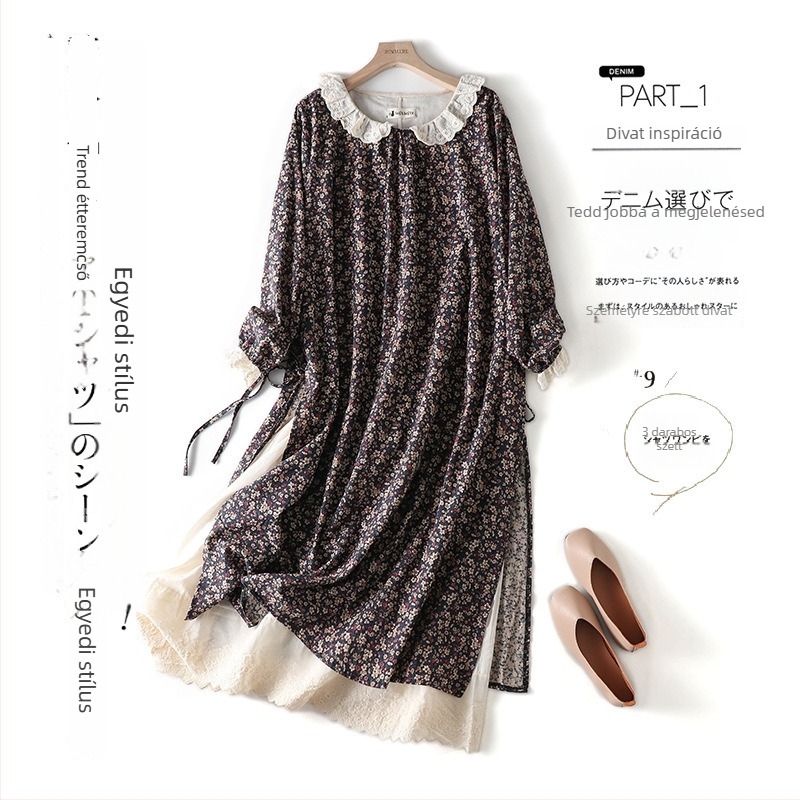 Mori Girl stílusú ruha virágmintás pamutból, hosszú ujjú, A-vonalú, középméretű