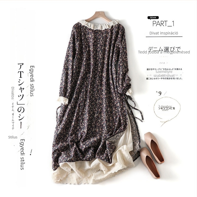 Mori Girl stílusú ruha virágmintás pamutból, hosszú ujjú, A-vonalú, középméretű